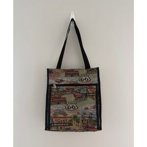 Tapestry Tote Bag Route 66 Zip Closure Double Strap Zip Pocket Velcro Pocket